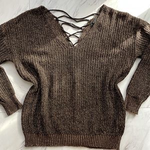 Forever 21 brown gold lace up open back sweater